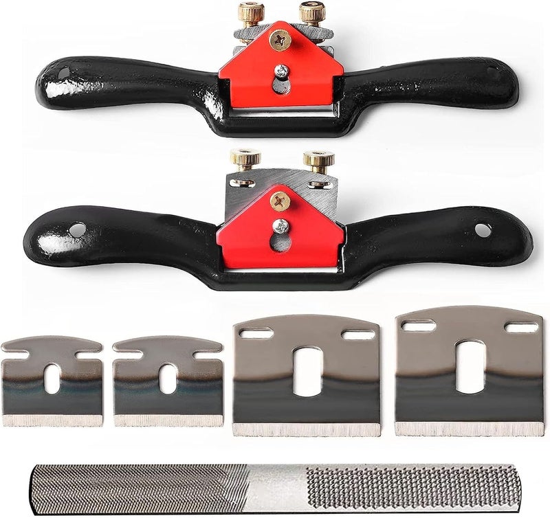 Klmnduo Adjustable Spokeshave Set 2pcs SpokeShave 4pcs Metal Blade and 4-Way Wood Rasp File, Manual Planer with Flat Base, Perfect for Planing, Trimming, Woodworking, Deburring Tools - Image 1